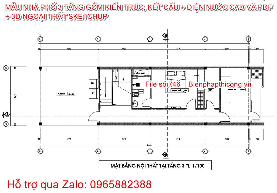 Mặt bằng tầng 3 nhà phố 3 tầng mặt tiền 5m x 18m.