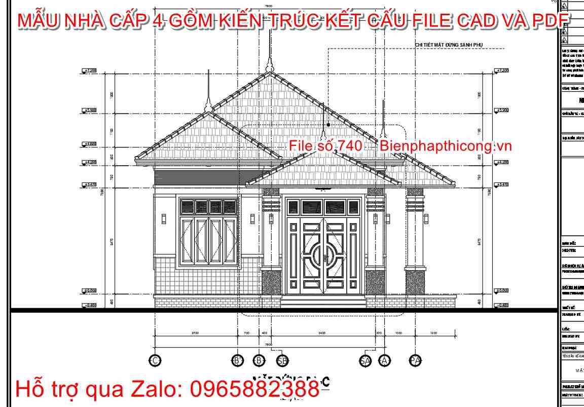 Mặt đứng nhà cấp 4 mái nhật ngang 7,5m.