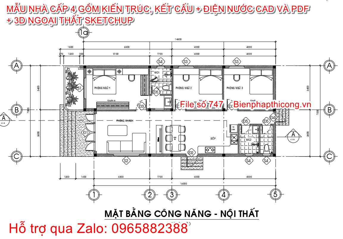 Mẫu mặt bằng nhà cấp 4 hiện đại rộng 7m x 15m.