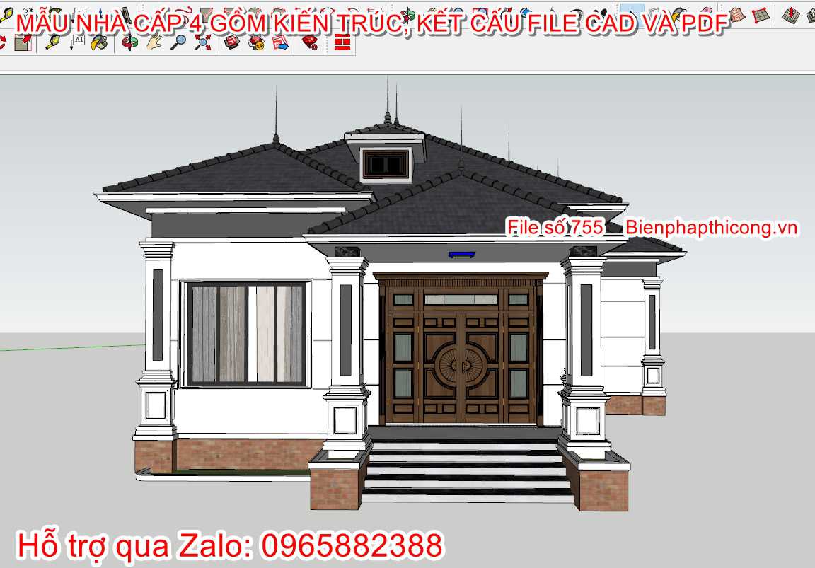 Thiết kế 3D sketchup biệt thự 1 tầng mái nhật 13m x 14,5m.