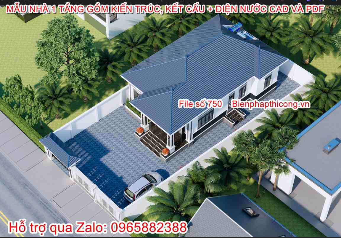 Hồ sơ thi công nhà 1 tầng 800 đến 900 triệu mái nhật 3 ngủ.