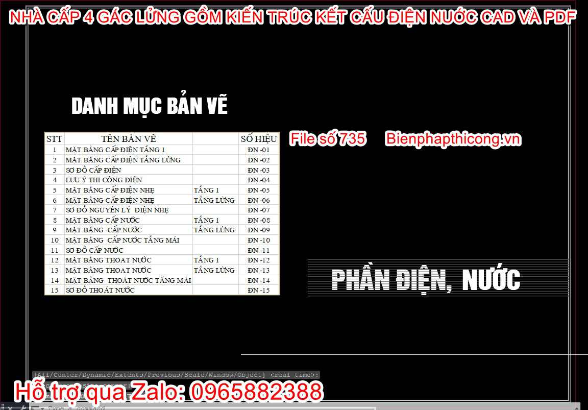 Bảng danh mục thiết kế phần điện nước nhà cấp 4.