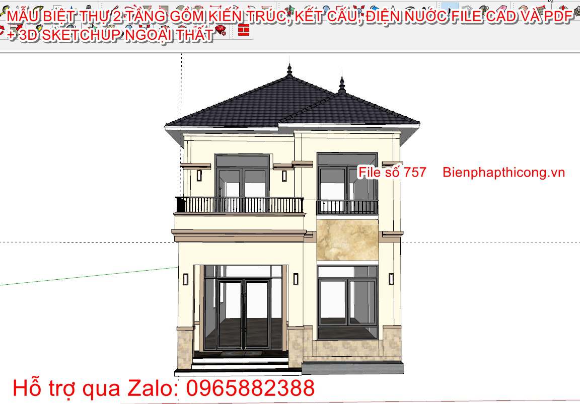 3D sketchup biệt thự 2 tầng mái nhật 7m x 11m.