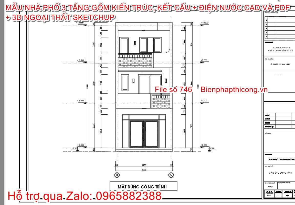 Bản vẽ cad nhà phố 3 tầng mặt tiền 5m x 18m.