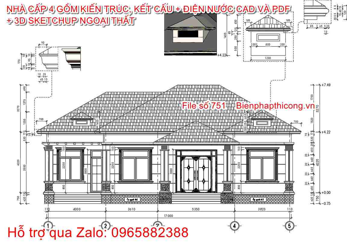 Bản vẽ mặt đứng nhà cấp 4 mái nhật 4 ngủ đẹp.