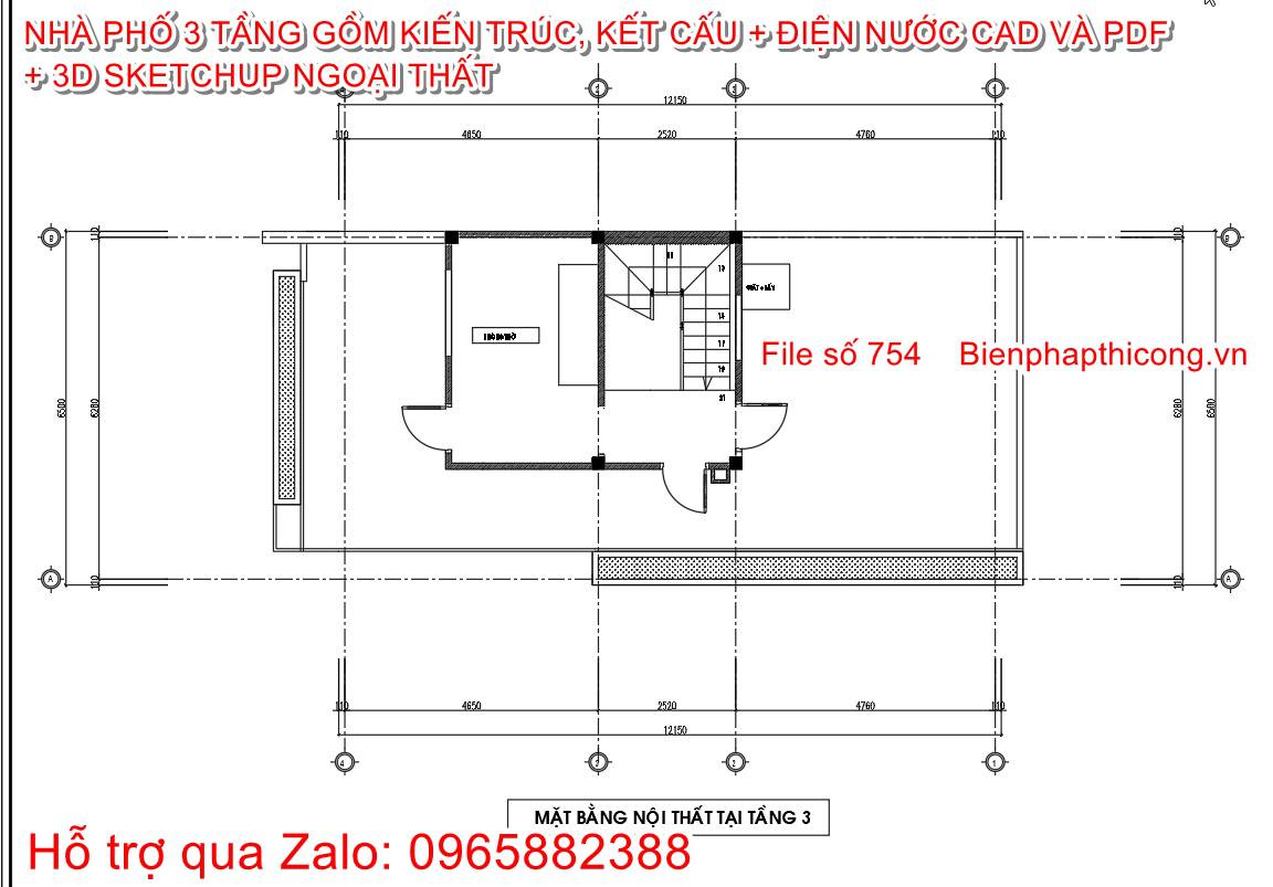 Bản vẽ thiết kế mặt bằng tầng 3 nhà phố 3 tầng đẹp.