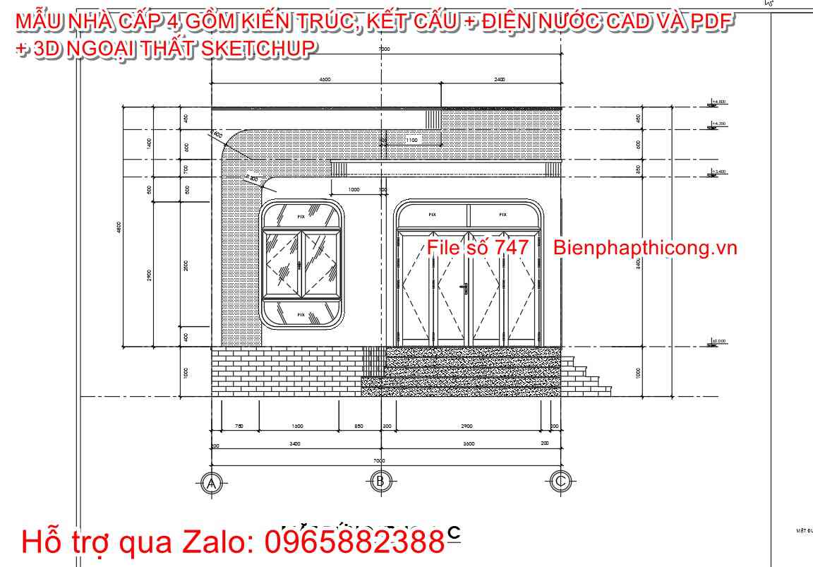 File autocad mặt đứng nhà cấp 4 rộng 7m x 15m.