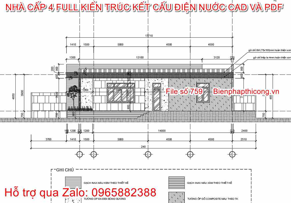 File cad mặt đứng nhà 1 tầng hiện đại 120m2 3 ngủ.