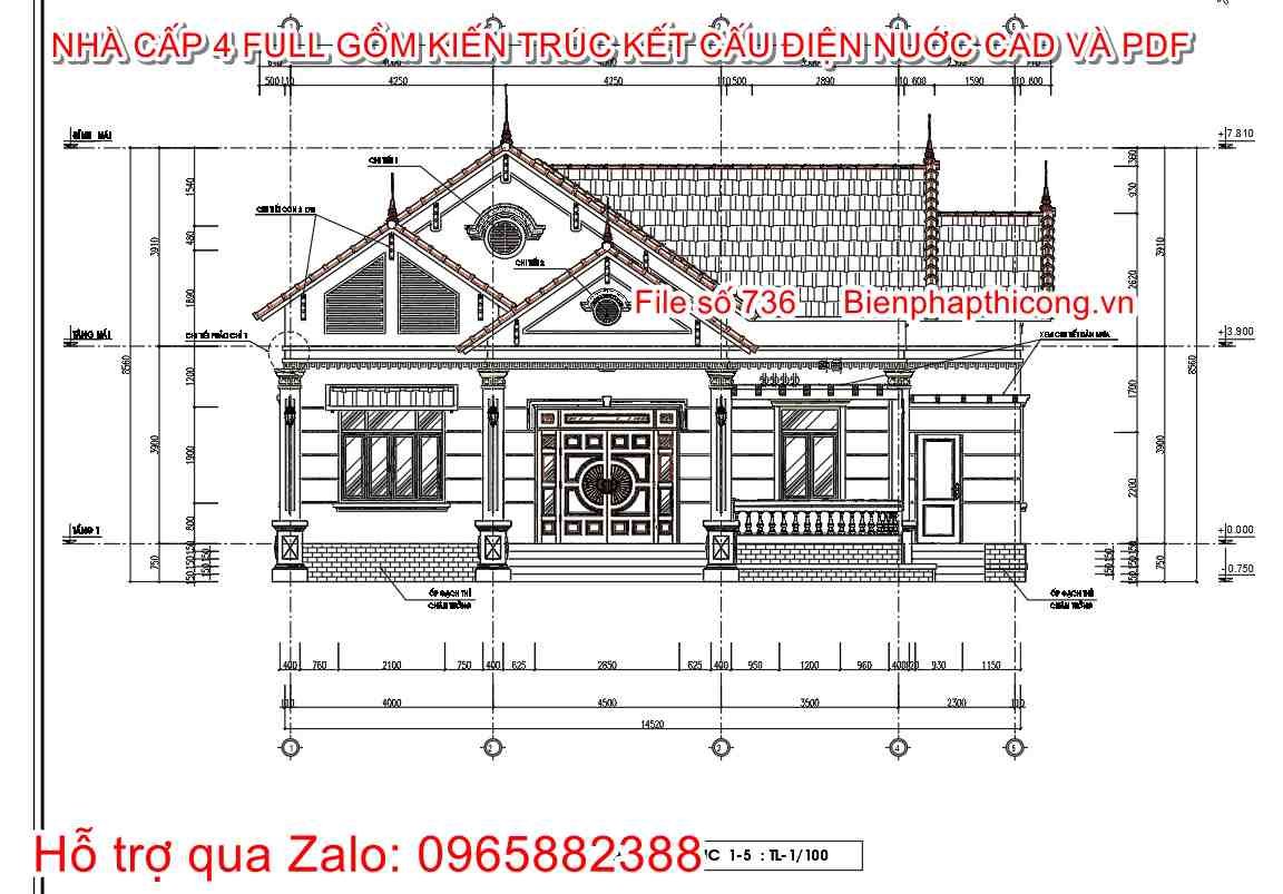 File cad mẫu nhà cấp 4 3 ngủ 14,5m x 11m đẹp.