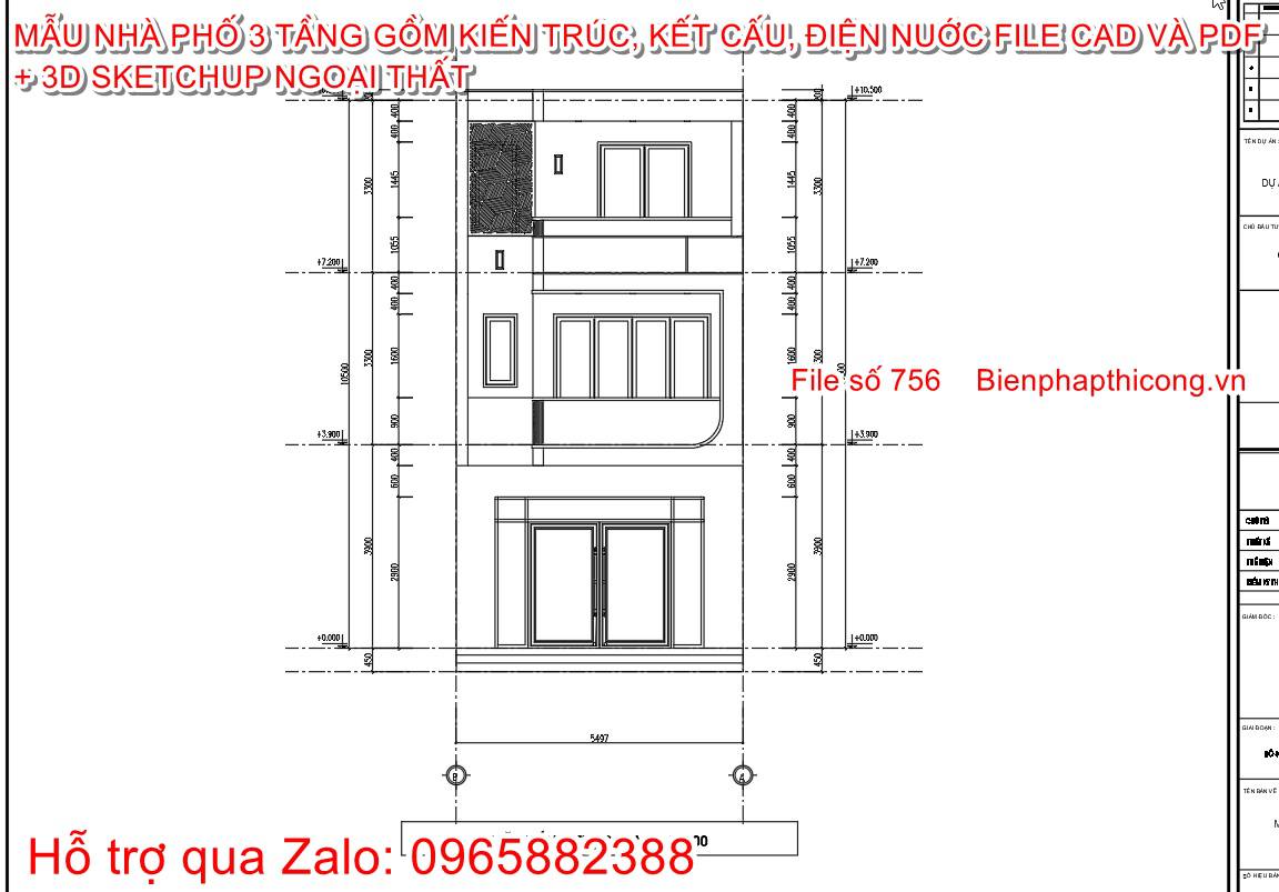 File thiết kế mặt đứng công trình 3 tầng 5,5m x 15,4m.