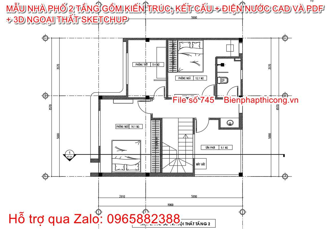 Mặt bằng tầng 2 nhà ống 2 tầng mặt tiền 8,5m đẹp.