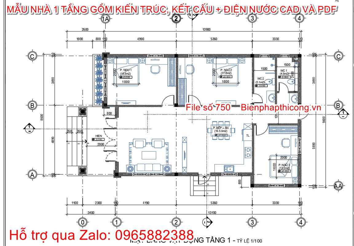 Mặt bằng thiết kế nhà 1 tầng mái nhật 3 ngủ 9,5m x 15m.