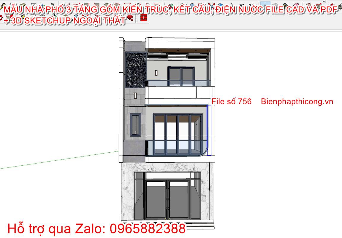 3D sketchup ngoại thất nhà phố 3 tầng 5,5m x 15,4m.