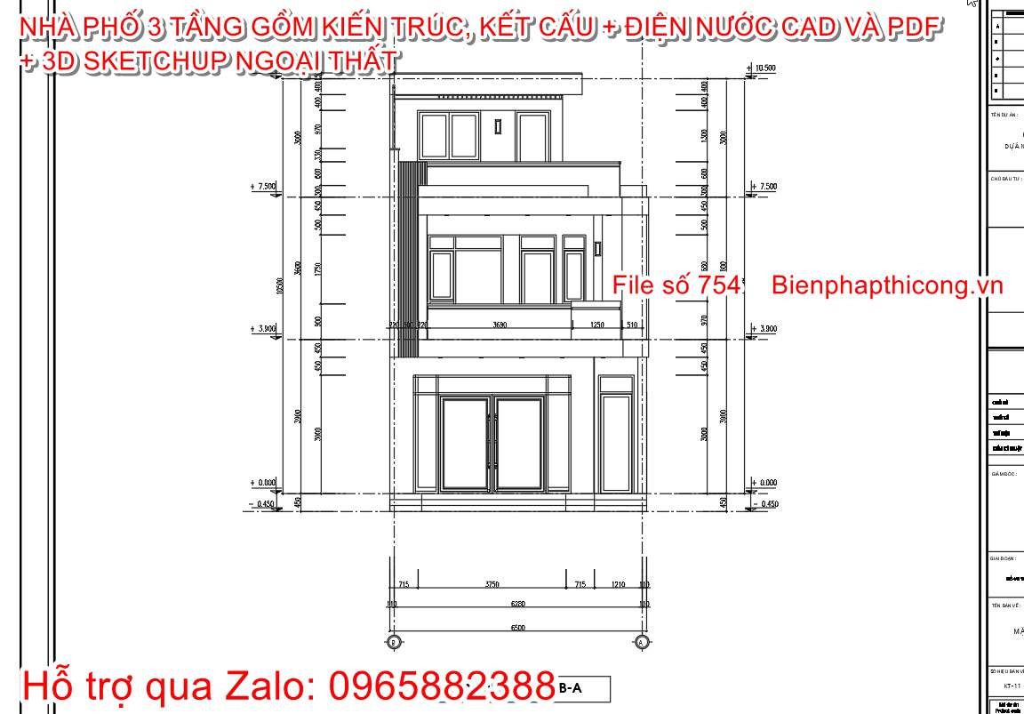 Bản vẽ thiết kế mặt đứng nhà phố 3 tầng 6,5m x 12m.
