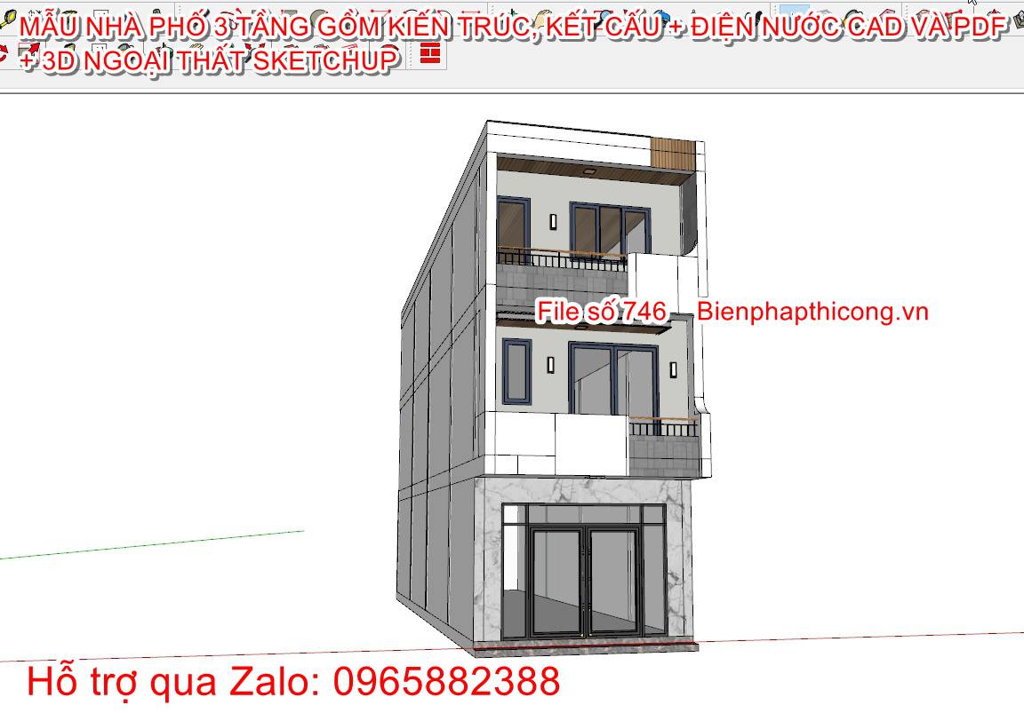 Bản vẽ xây dựng 3d sketchup nhà phố 3 tầng cad.