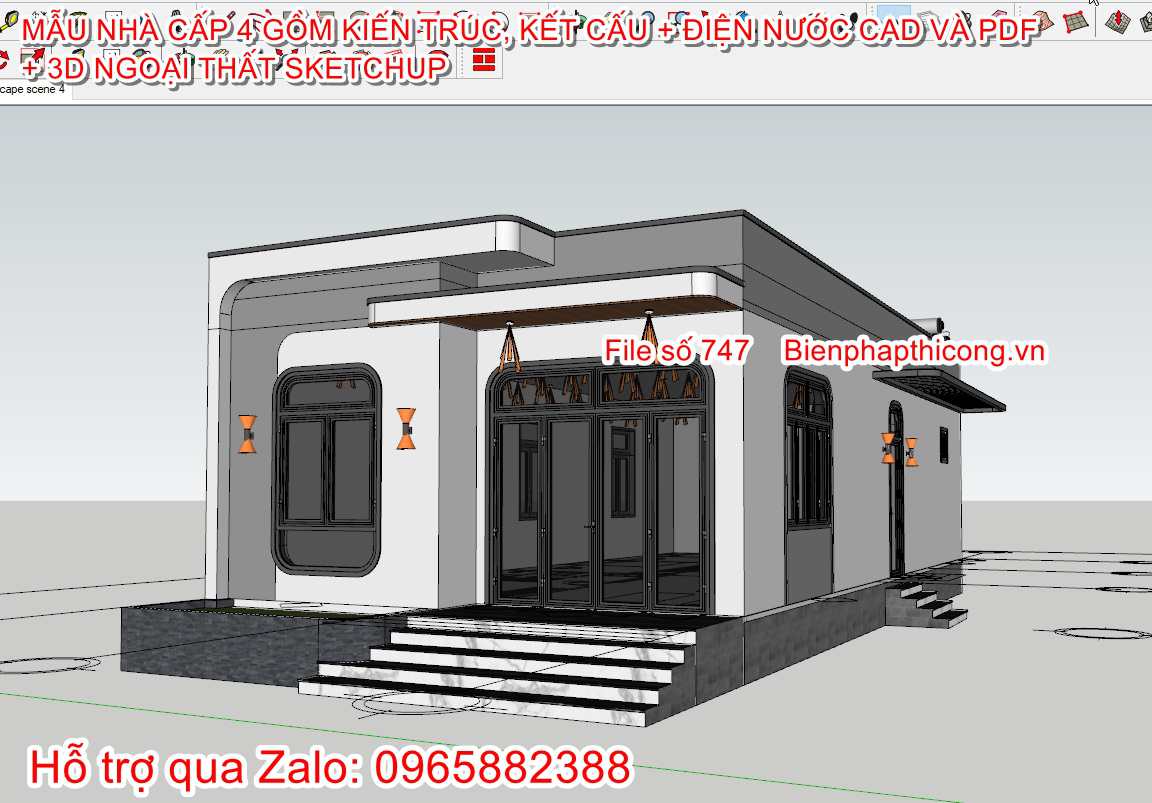 File 3d sketchup ngoại thất nhà 1 tầng hiện đại.