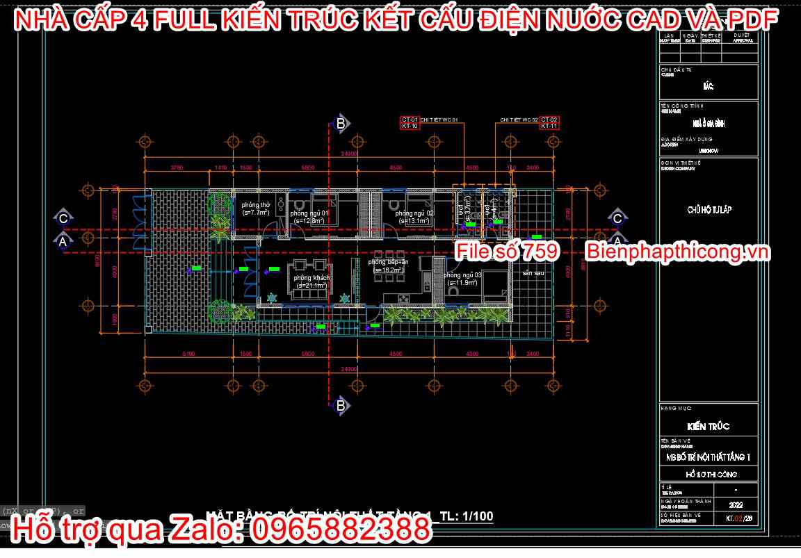 File autocad nhà 1 tầng 3 ngủ hiện đại 7m x 17m.