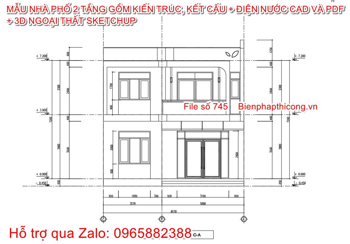 File cad mặt đứng nhà phố 2 tầng rộng 8,5m 3 ngủ.