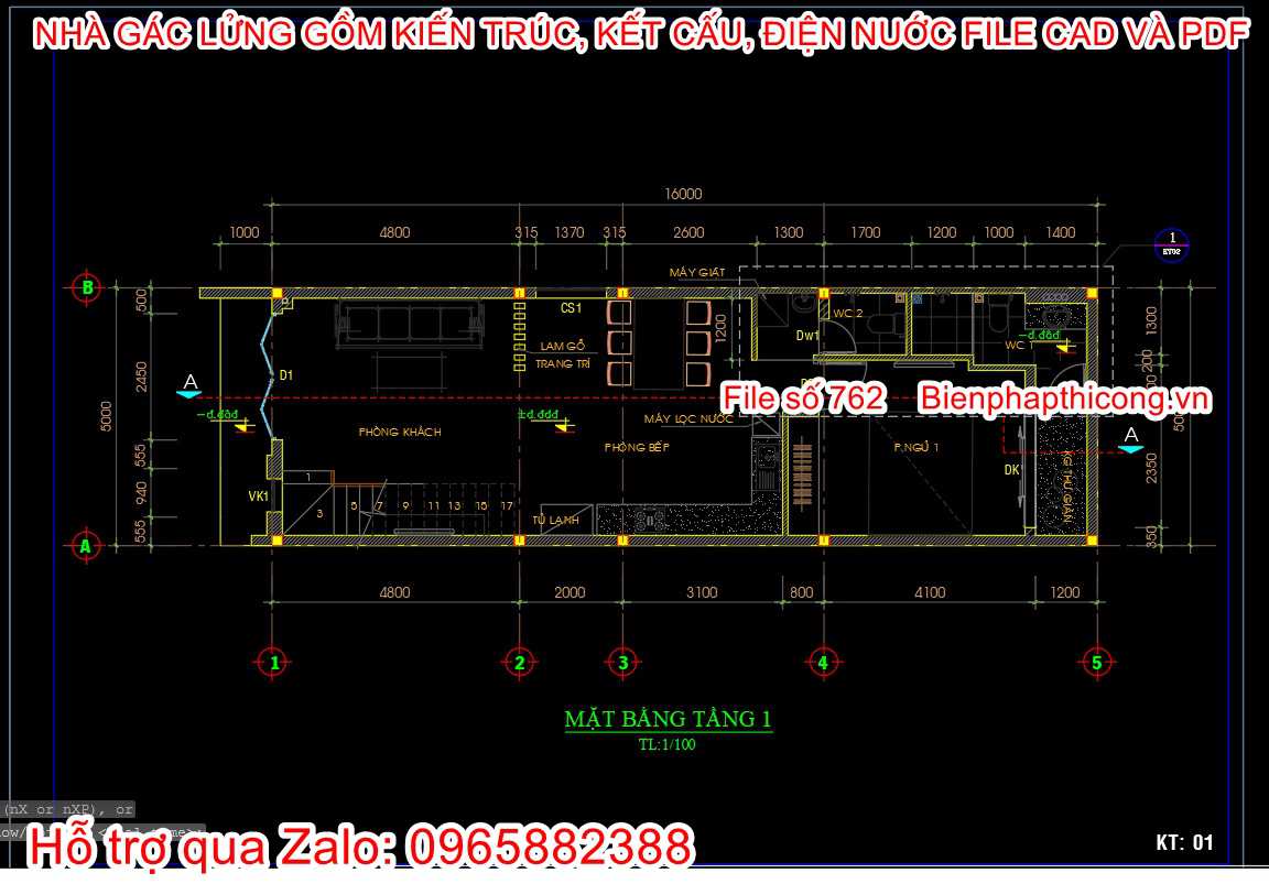 Hồ sơ bản vẽ nhà gác lửng cad 5m x 16m đẹp.