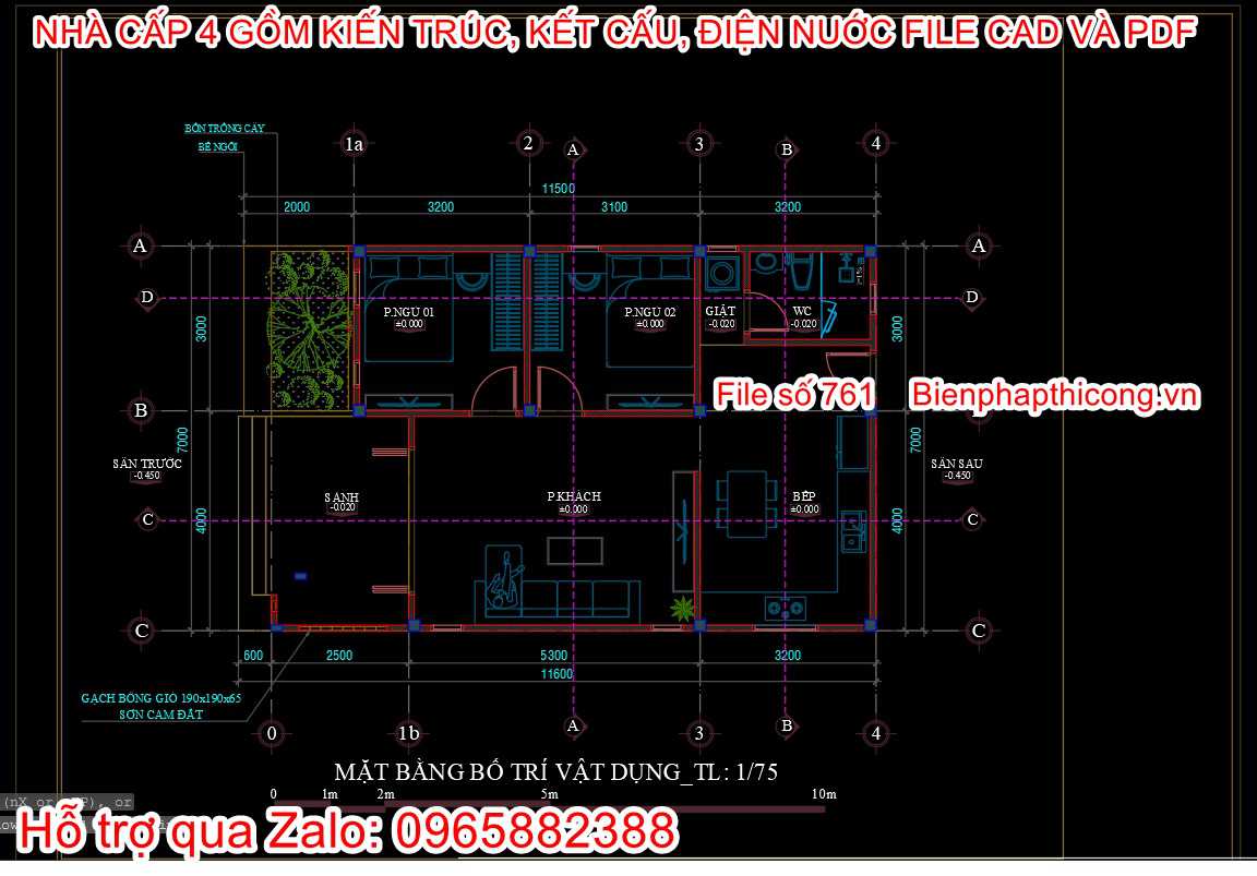 Mặt bằng tầng 1 nhà cấp 4 7m x 11,5m.