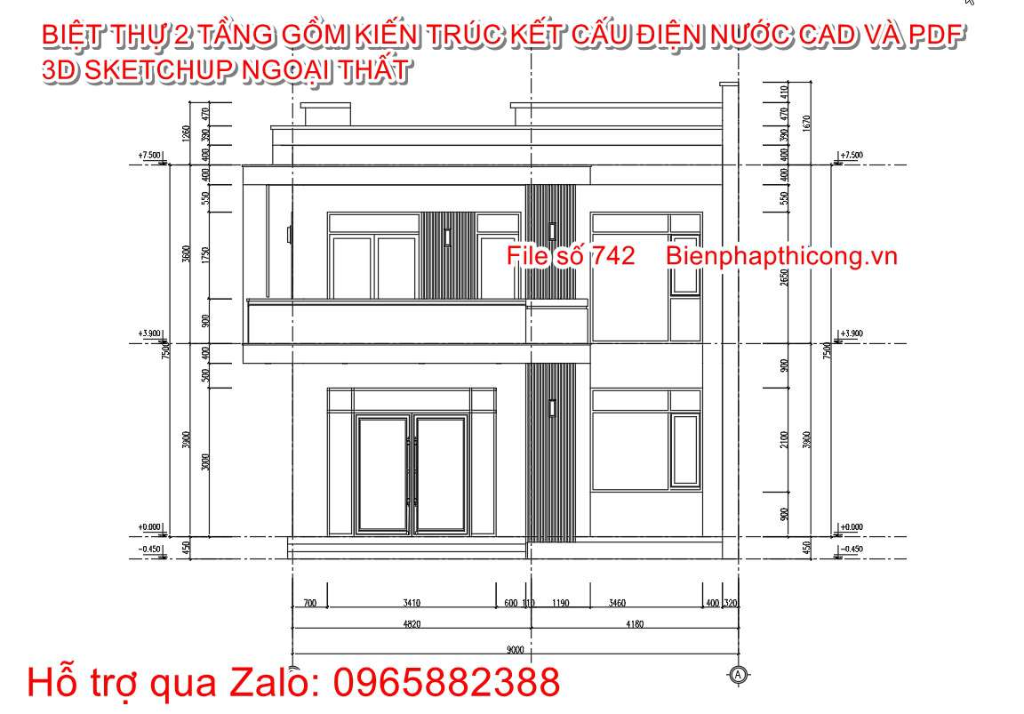Mặt đứng công trình nhà 2 tầng hiện đại.