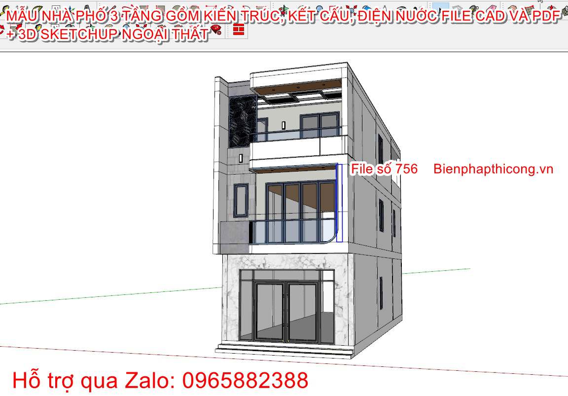 3D sketchup nhà phố 3 tầng 5,5m x 15,4m.