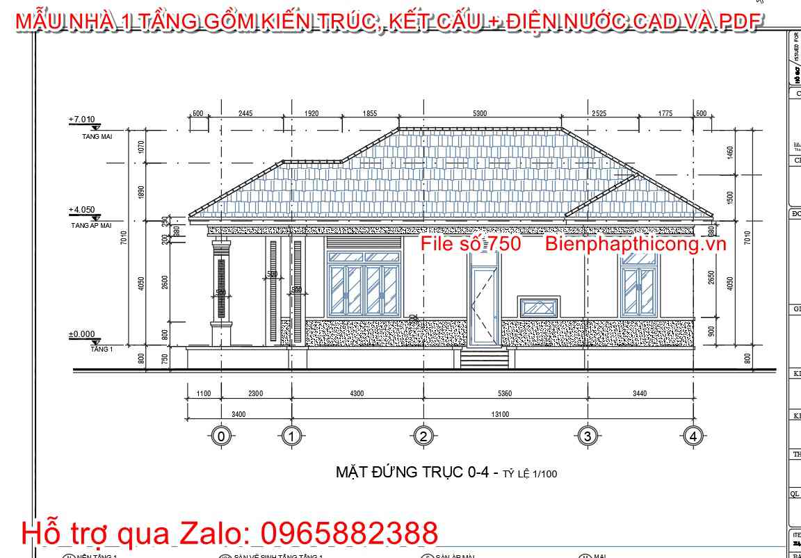 Bản vẽ file cad nhà 1 tầng mái nhật 3 ngủ đẹp.