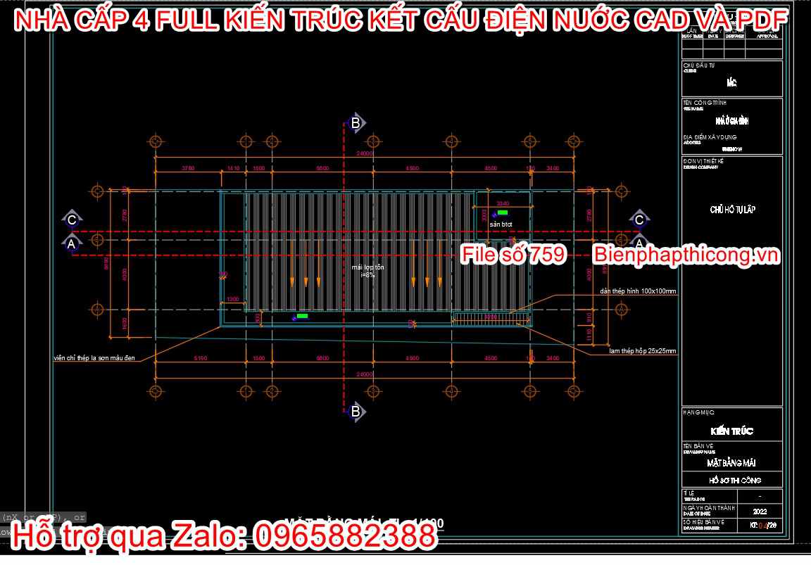 Bản vẽ thiết kế mặt bằng mái nhà cấp 4 3 ngủ đẹp.