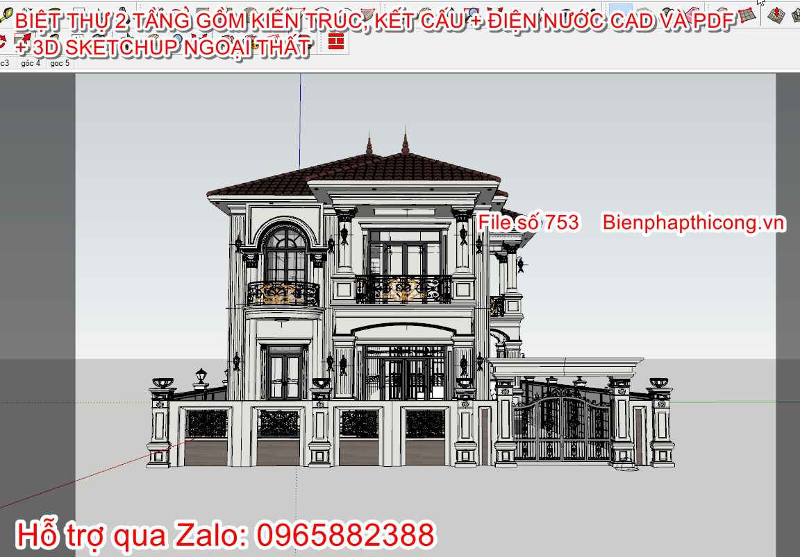 File 3d sketchup nhà 2 tầng tân cổ mái nhật 8,4m x 12m.