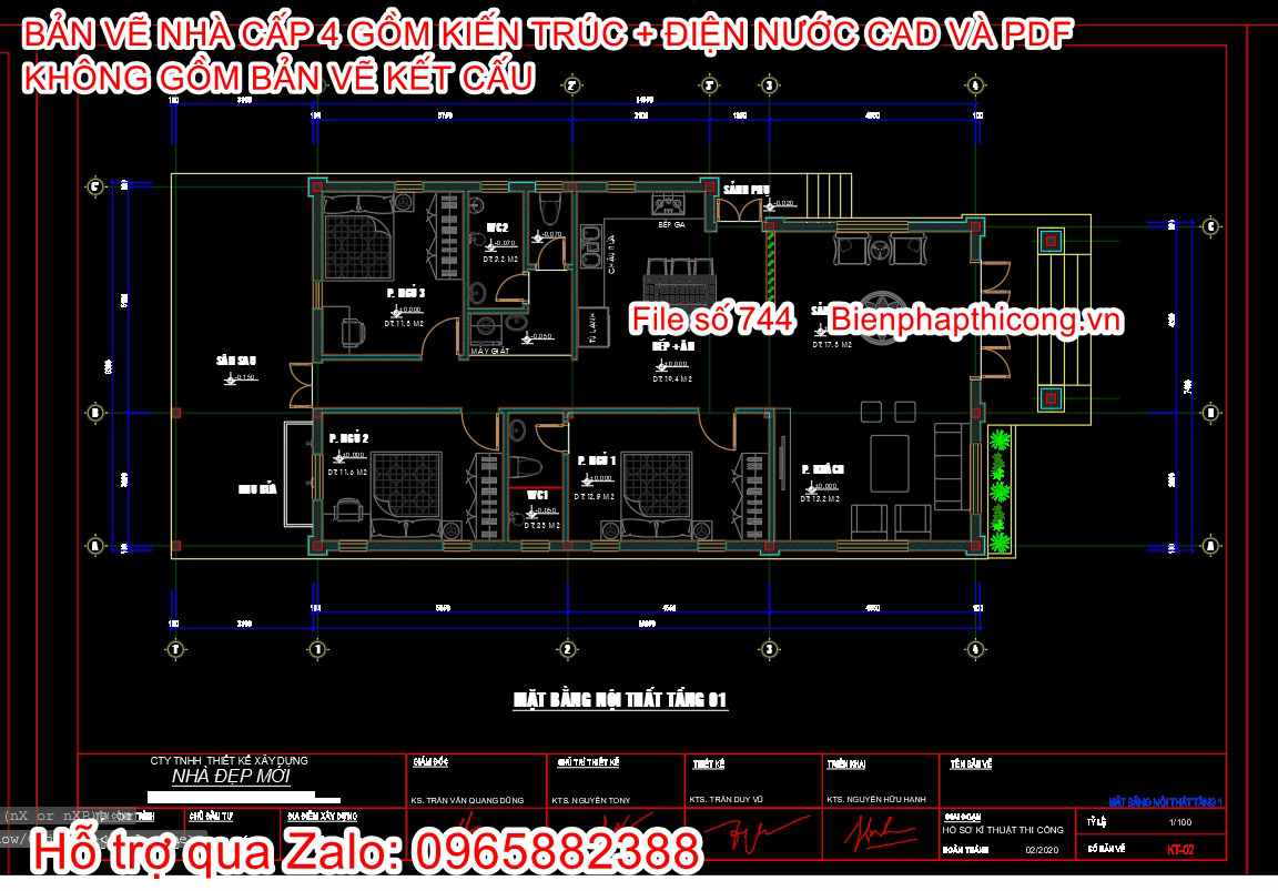 File dwg nhà cấp 4 3 ngủ 7,4m x 15m đẹp.