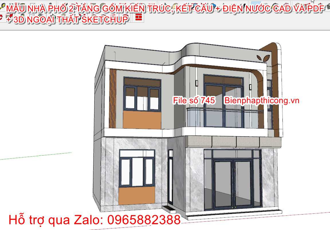 File sketchup nhà phố 2 tầng rộng 8,5m x 9m.