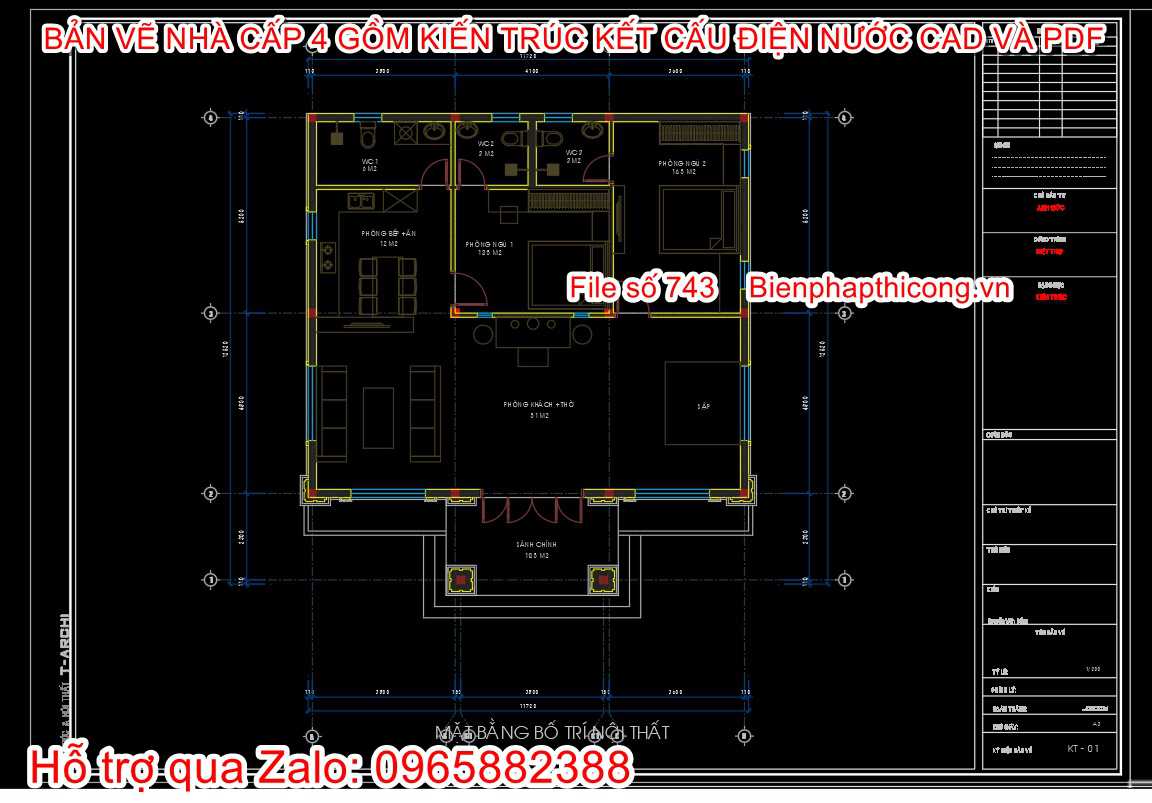 File thiết kế nhà cấp 4 mái nhật 2 ngủ đẹp.