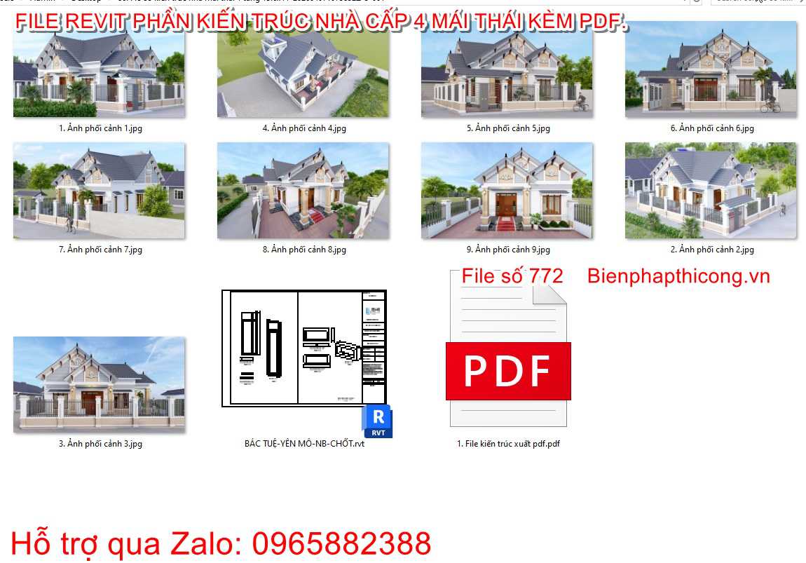 File revit nhà cấp 4 mái thái 9m x 13m 3 ngủ 120m2.