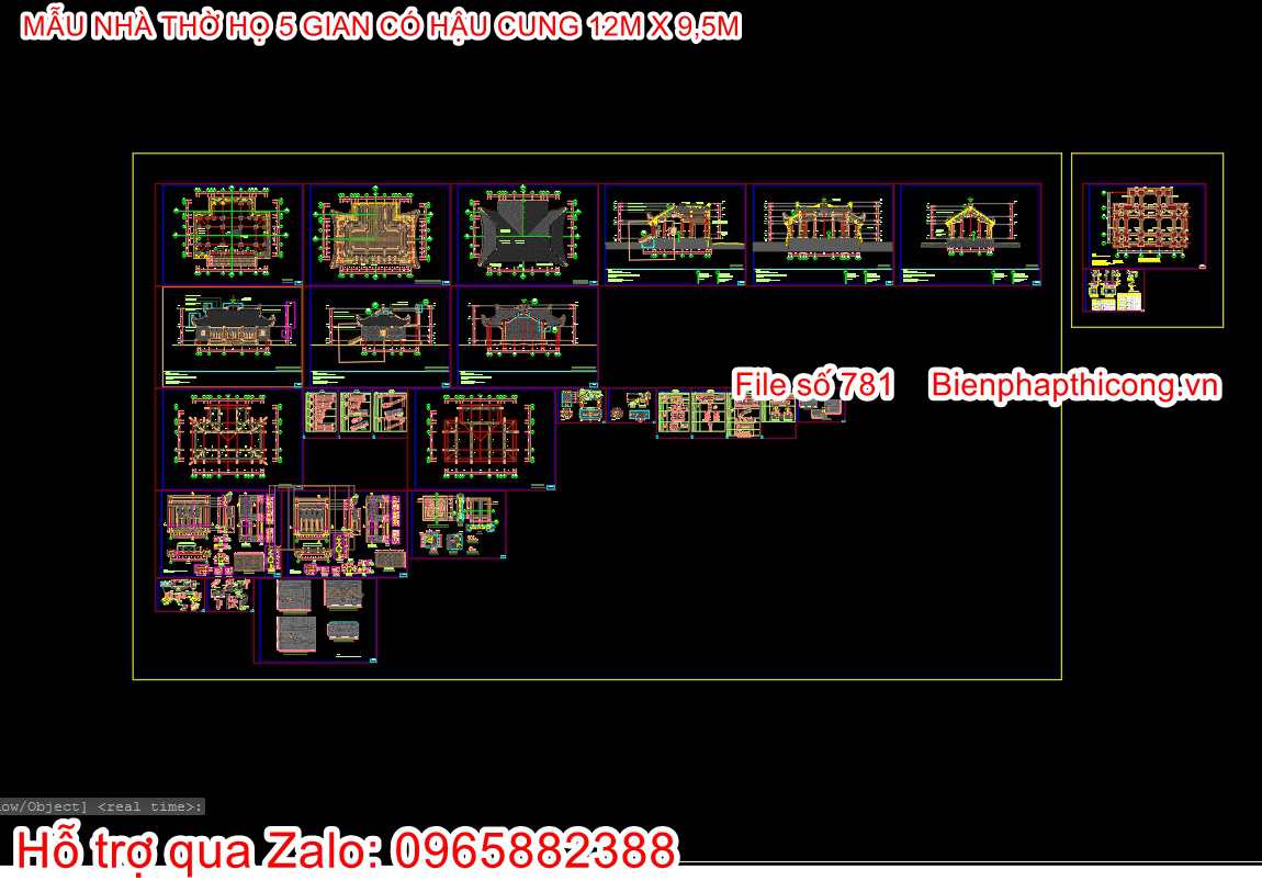 Tải file cad thiết kế nhà thờ họ 5 gian có hậu cung 12m x 9,5m.