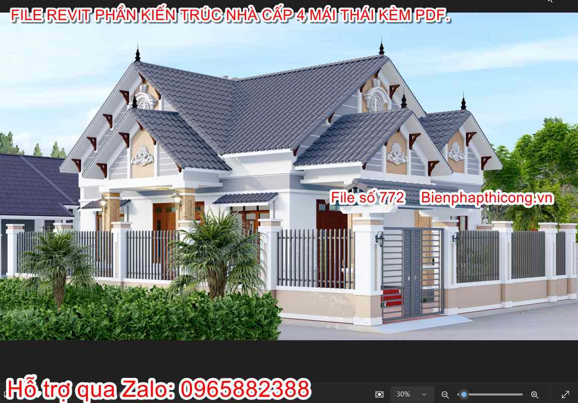 Bản vẽ revit nhà cấp 4 mái thái 3 ngủ 9m x 13m đẹp.