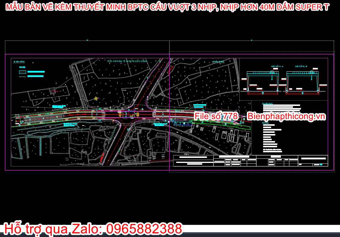 Bản vẽ tổng mặt bằng thi công cầu vượt 3 nhịp.