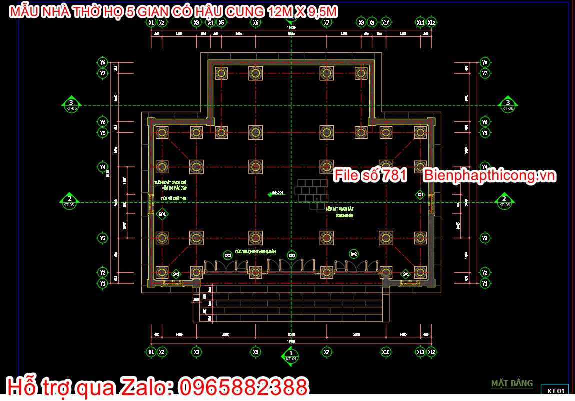 Hstk nhà thờ họ 5 gian có hậu cung cad 12m x 9,5m.
