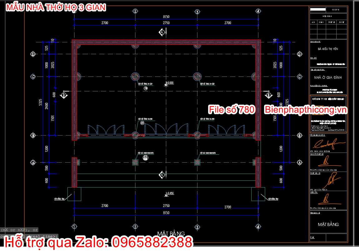 Mặt bằng thiết kế nhà thờ họ gia đình 3 gian 8,3m x 6,5m.