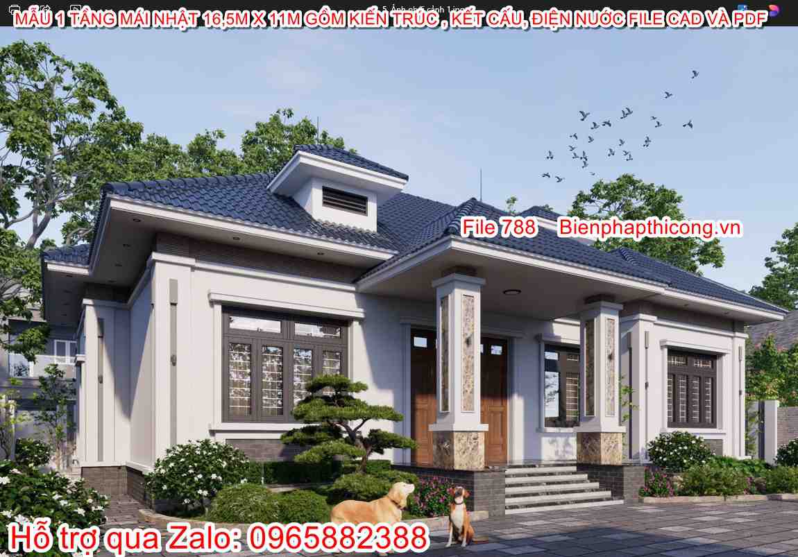 Mẫu biệt thự 1 tầng cad mái nhật 3 ngủ 160m2 900 triệu.