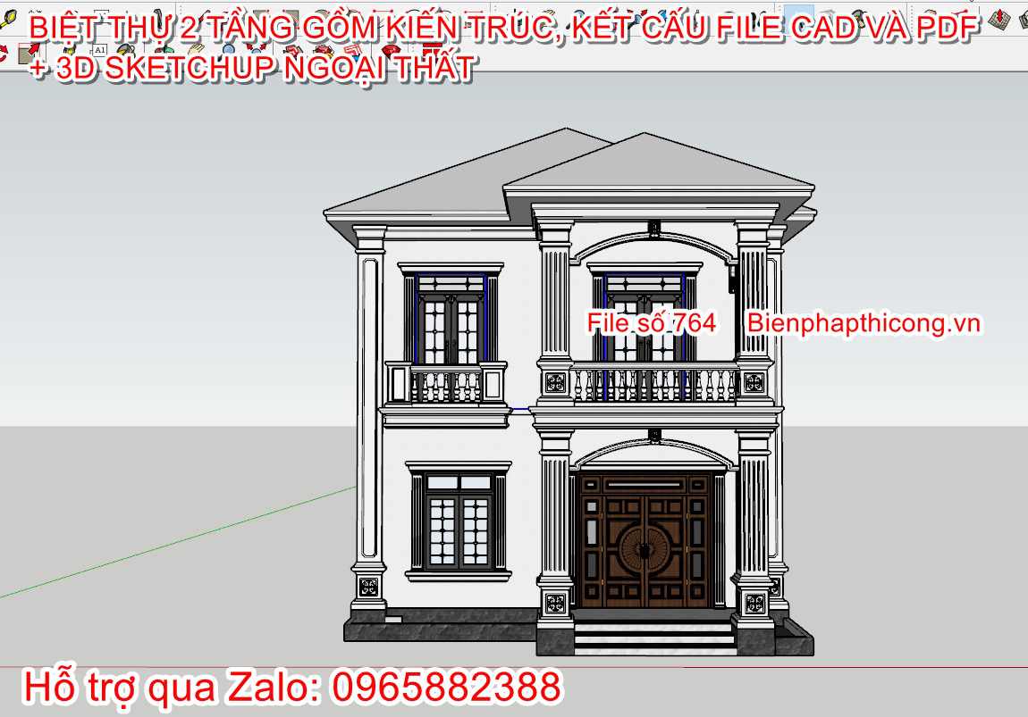 3D sketchup ngoại thất 2 tầng tân cổ 8,5m x 11m.