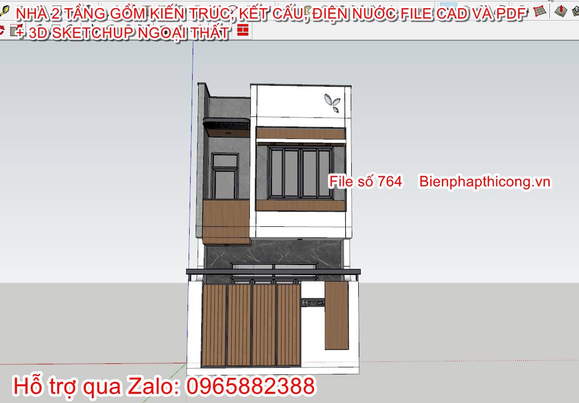 3D sketchup nhà ống 2 tầng 5m x 18m 3 ngủ.