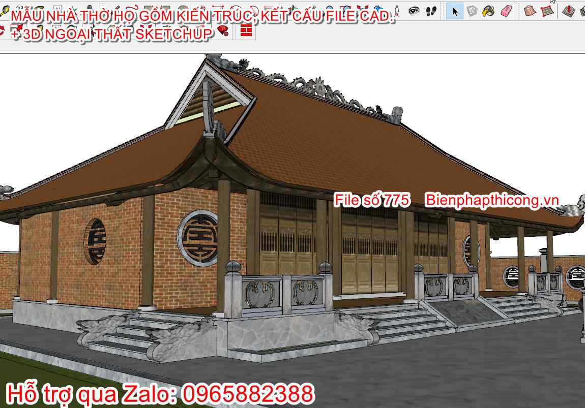 3D sketchup nhà thờ họ 5 gian 9,2m x 15,8m.