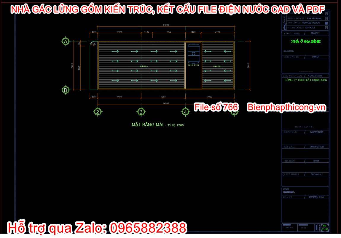 Bản vẽ cad mặt bằng mái nhà 5m x 14m 3 ngủ đẹp.