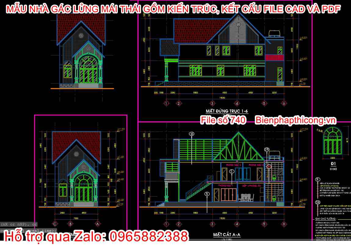 Bản vẽ mặt đứng mặt cắt nhà gác lửng 7m x 17,3m đẹp.