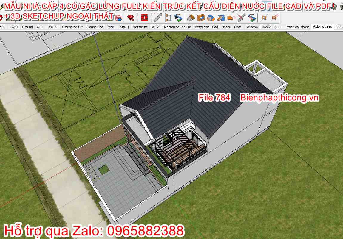 Bản vẽ sketchup 3D nhà cấp 4 có lửng 8m x 13m.