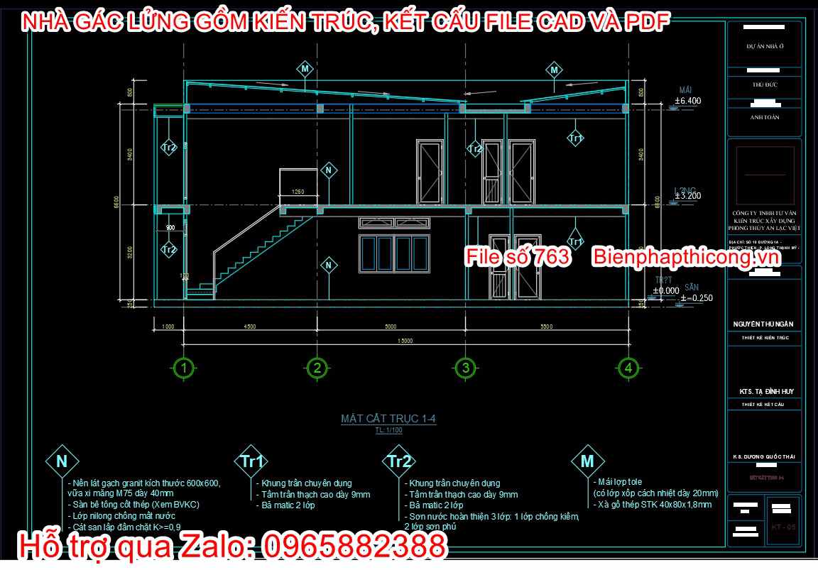 File thiết kế mặt cắt nhà gác lửng 3 ngủ 5m x 16m.