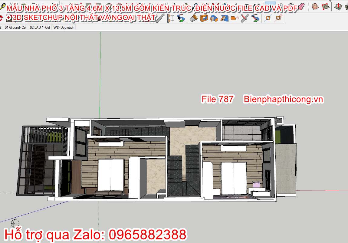 Mặt bằng nội thất tầng 2 3d sketchup nhà phố 3 tầng.