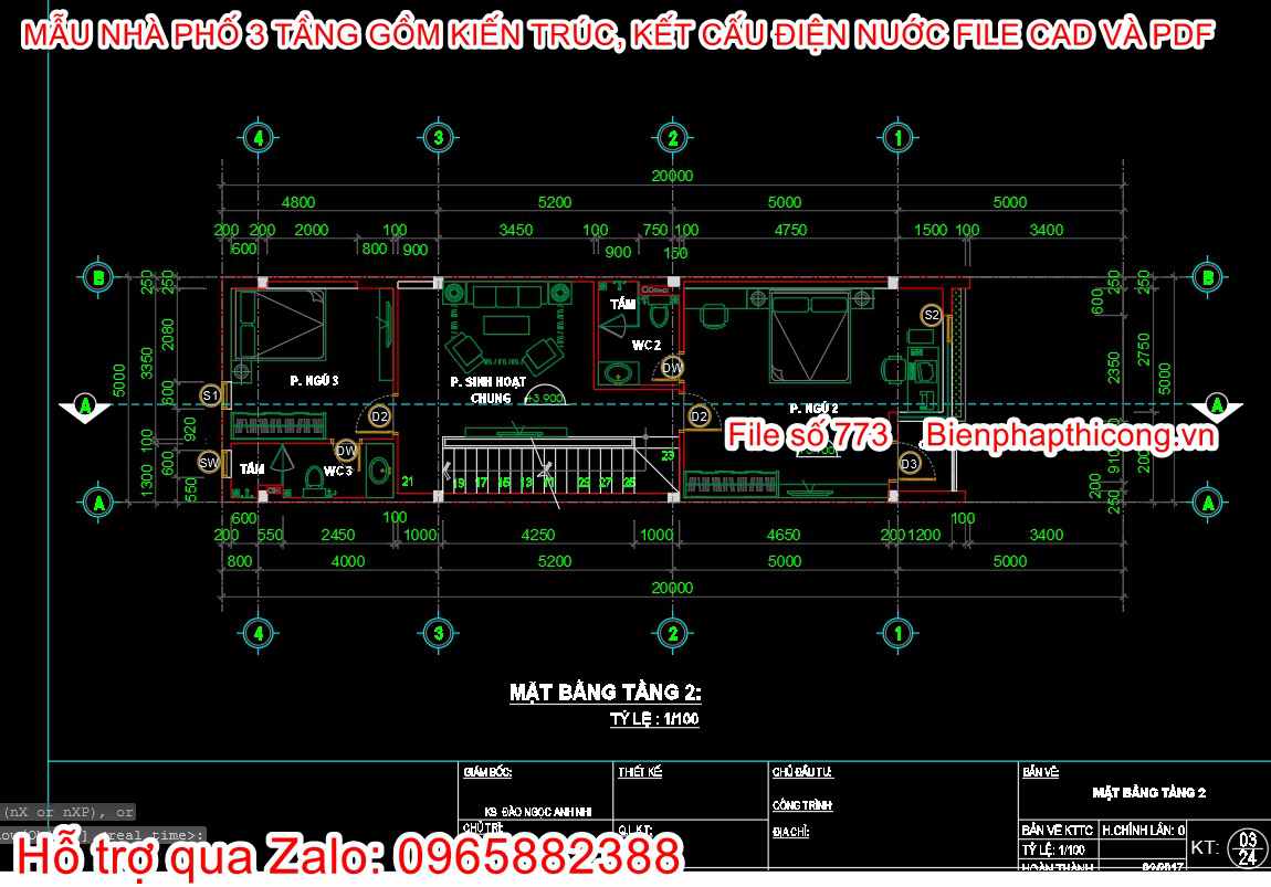 Mặt bằng tầng 2 nhà ống 3 tầng 5m x 15m.