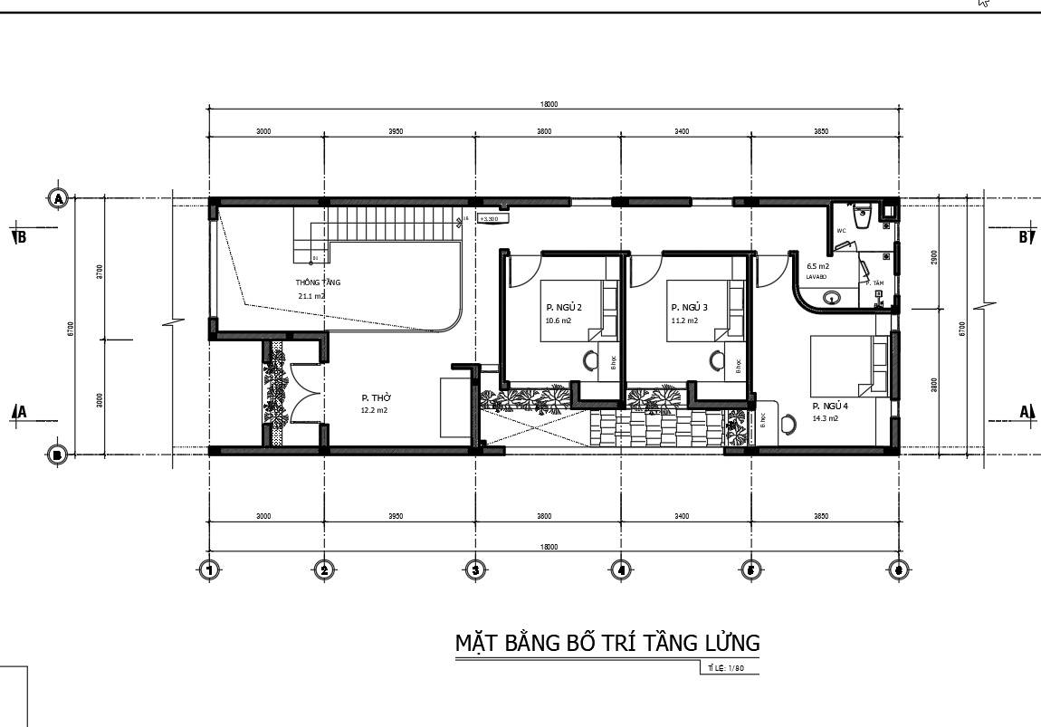 Mặt bằng tầng 2 nhà phố 2 tầng 6,7m x 22,5m 4 ngủ.