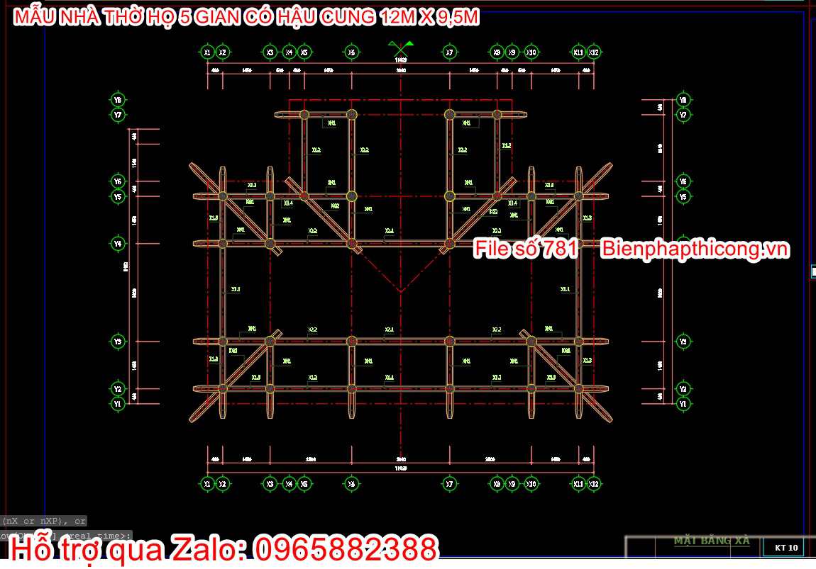 Mặt bằng xà nhà thờ họ 5 gian đẹp.